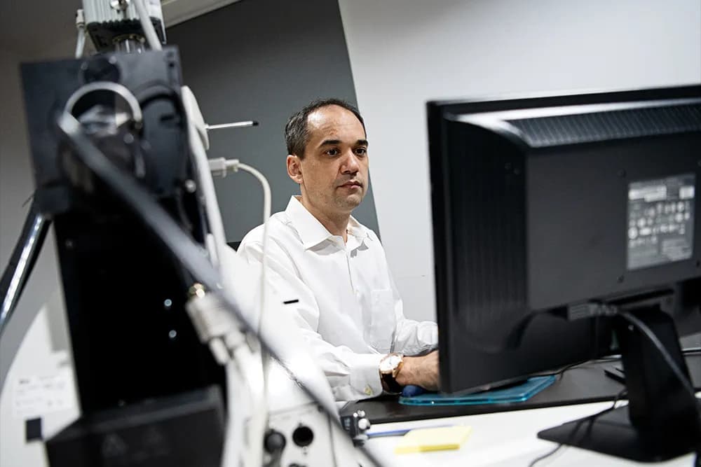 Scientist reviewing cytology images at a screening workstation